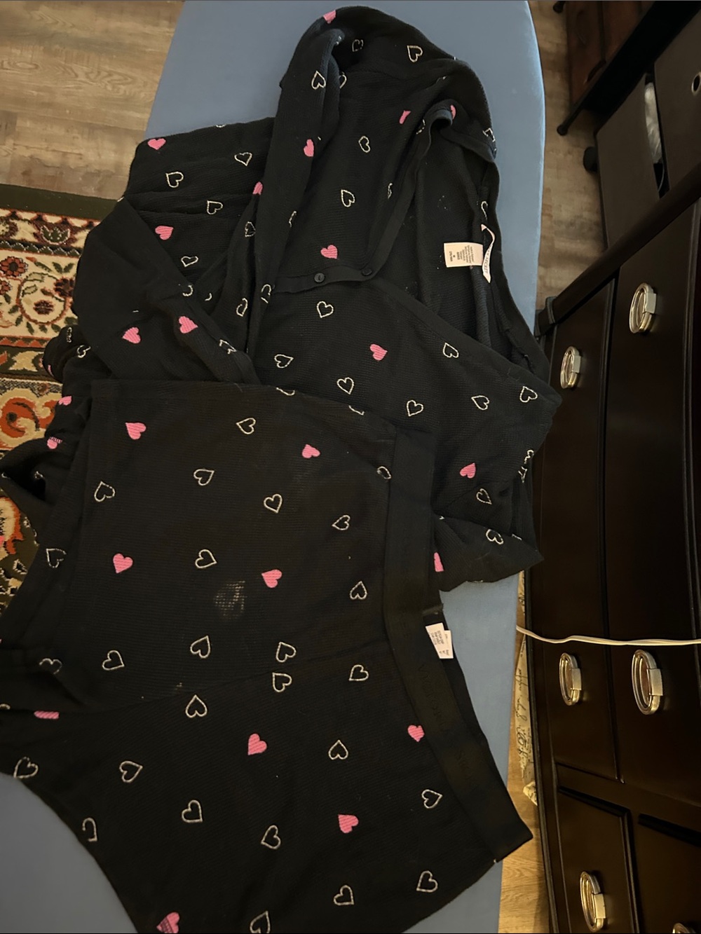 Victoria's Secret Black Pajama Set with Pink and White Heart Print